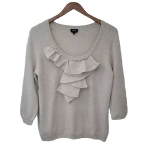Talbots 100% Cashmere Sweater Oatmeal Beige Ruffle 3/4 Sleeves Womens Size L